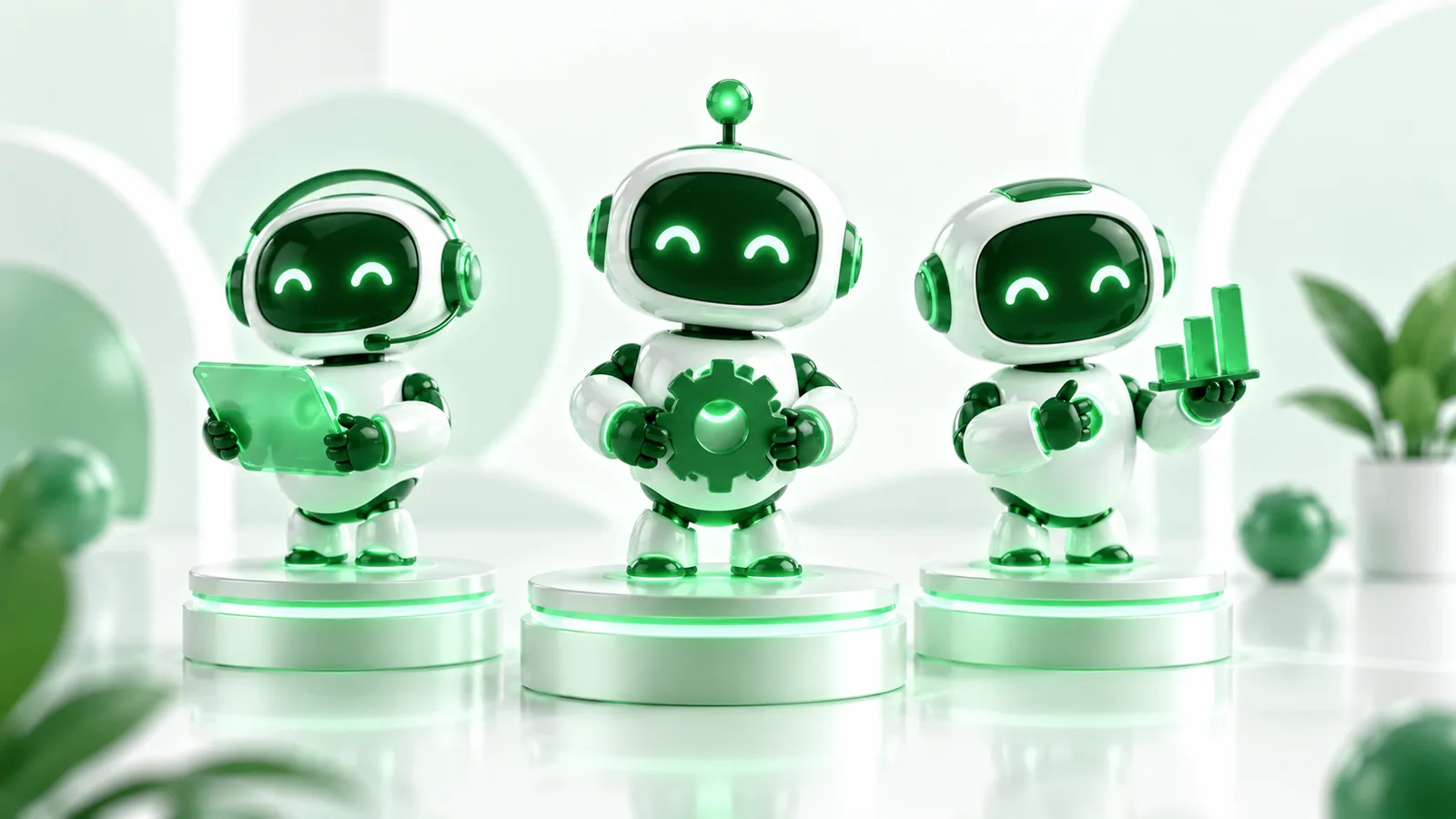 3D render of a row of friendly green robot assistants on pedestals under soft studio lighting on a light background